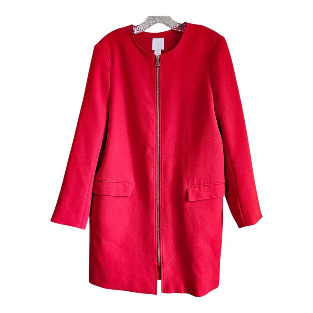 H&M Women's 14 Long Blazer Jacket Red Full Zip Gold Hardware Lined Bust 44"